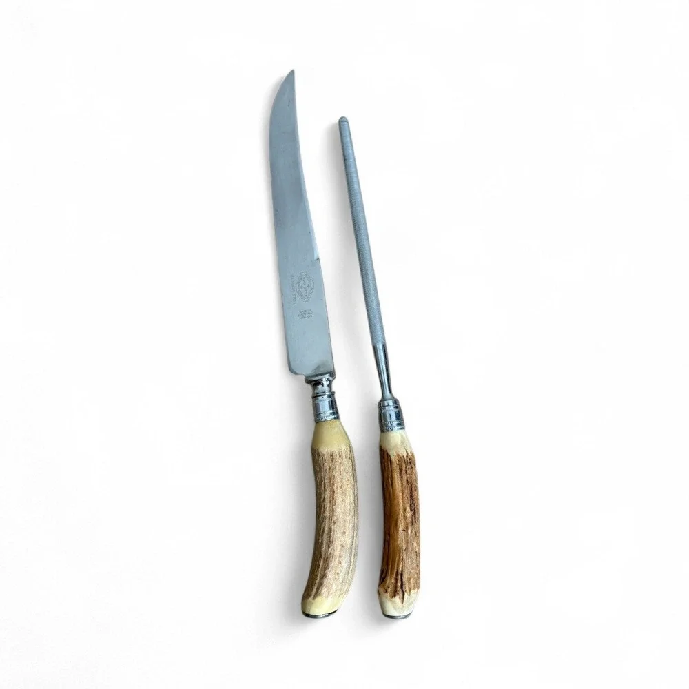 Royal Brand Sheffield England Carving‎ Knife and Sharpener Set Stag Handle